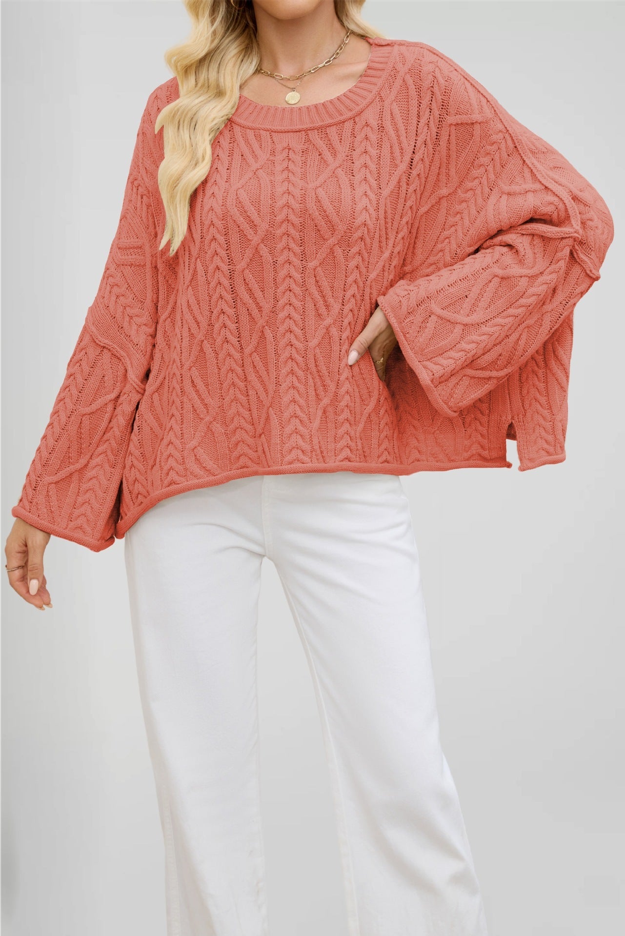 2 O-neck Short Cable Loose-fitting Solid Color Sweater