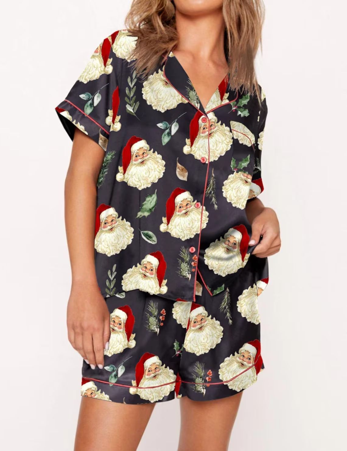Autumn Christmas Digital Printing Lapel Short Casual Women Top Front View