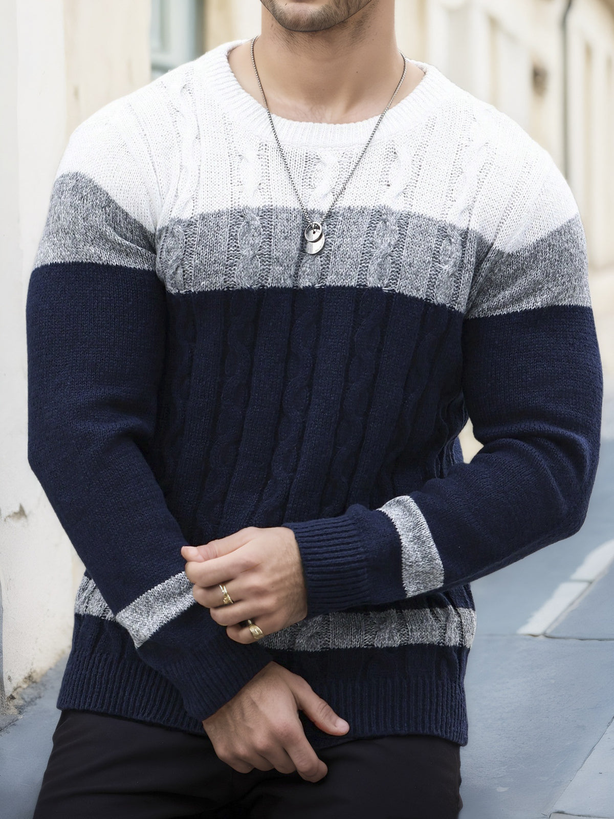 Men's Color-block Crew Neck Sweater European And American Pullover Multicolor