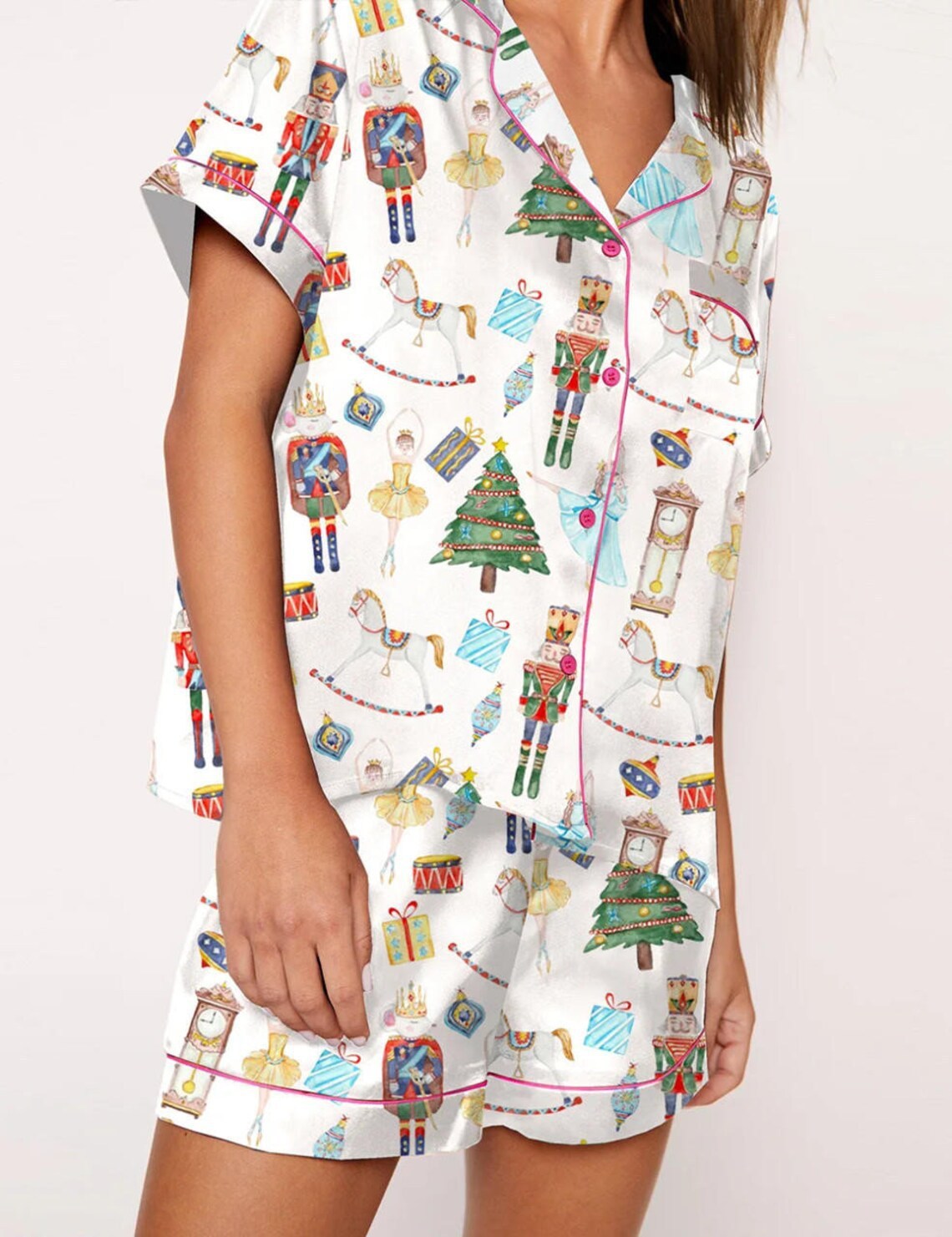 Autumn Christmas Digital Printing Lapel Short Casual Women Top Front View