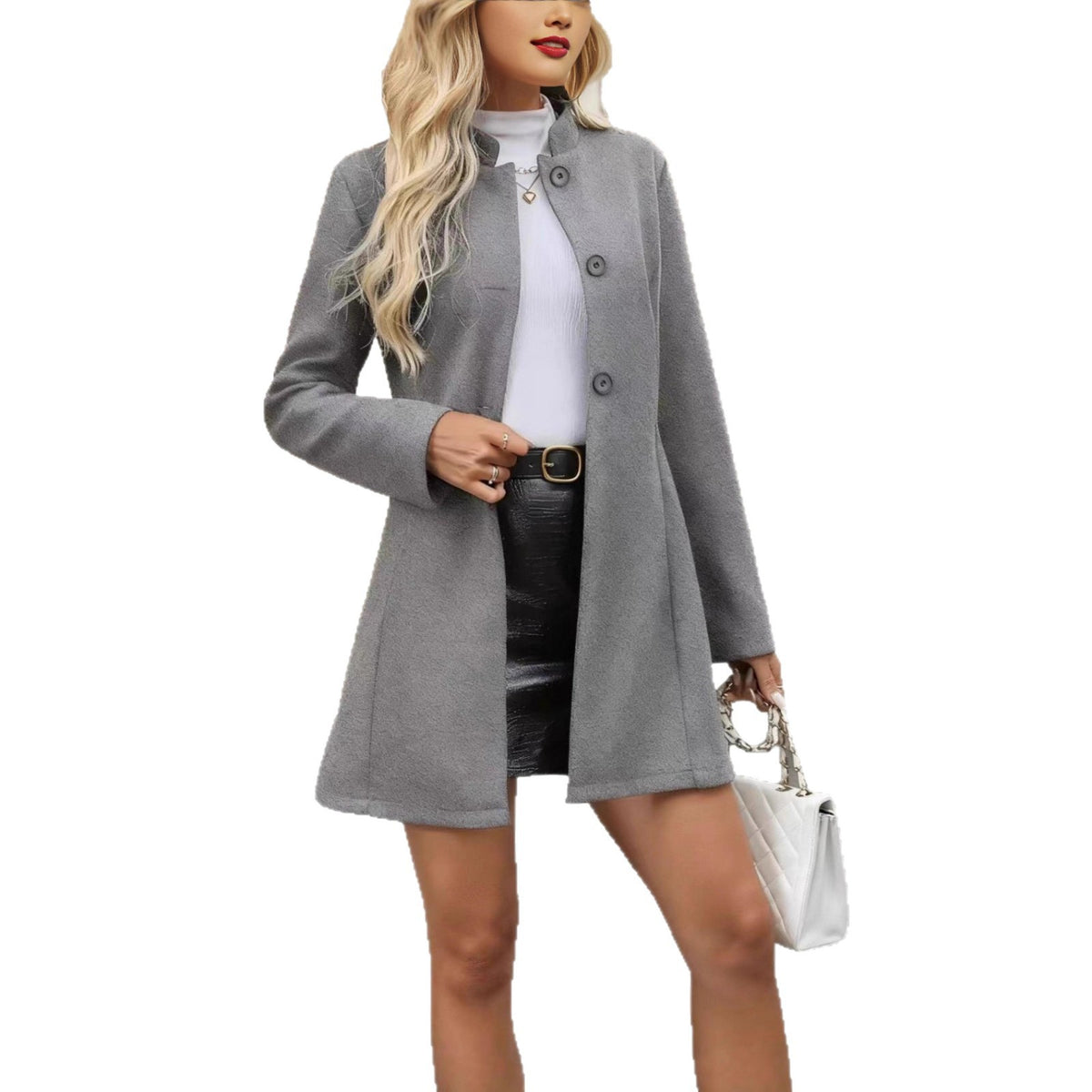 Fashionable Elegant Small Stand Collar Button A- Swing Long Sleeve Slim Jacket