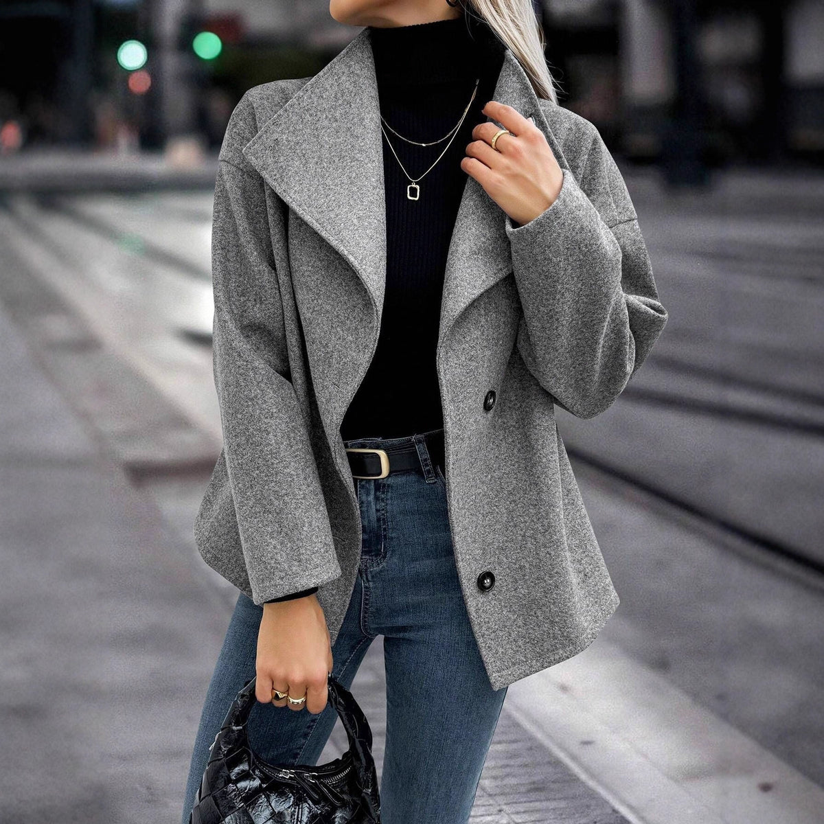 Stand Collar Single-breasted Loose Woolen Coat