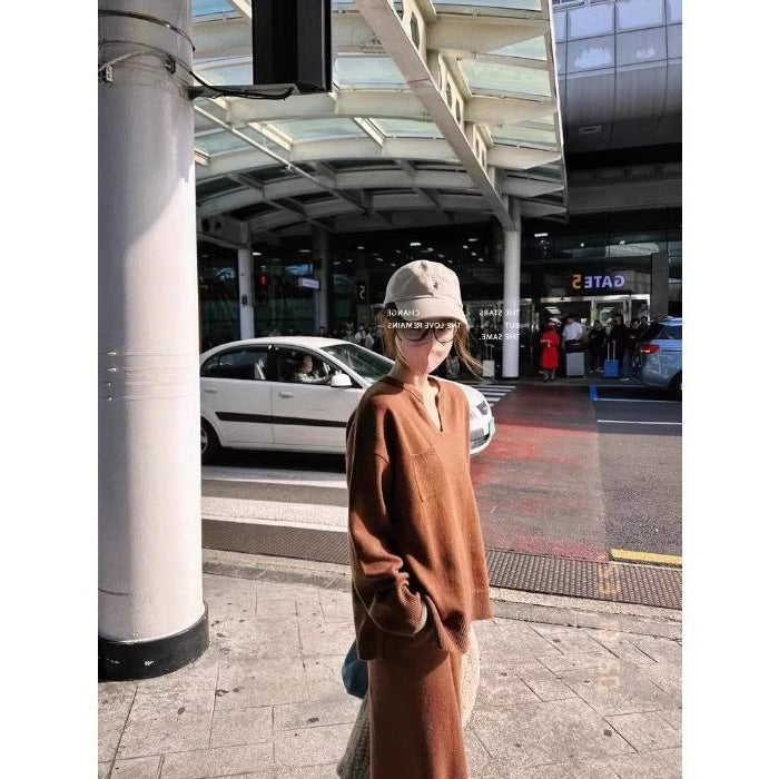 Autumn And Winter Wool Suit Women's V-neck Knitted Wide-leg Pants Cashmere Sweater