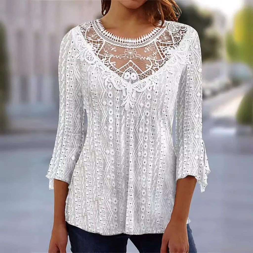 2023 Summer New Comfortable Leisure Hollow Out Perspective Lace Splicing Seven Quarter Sleeve Top