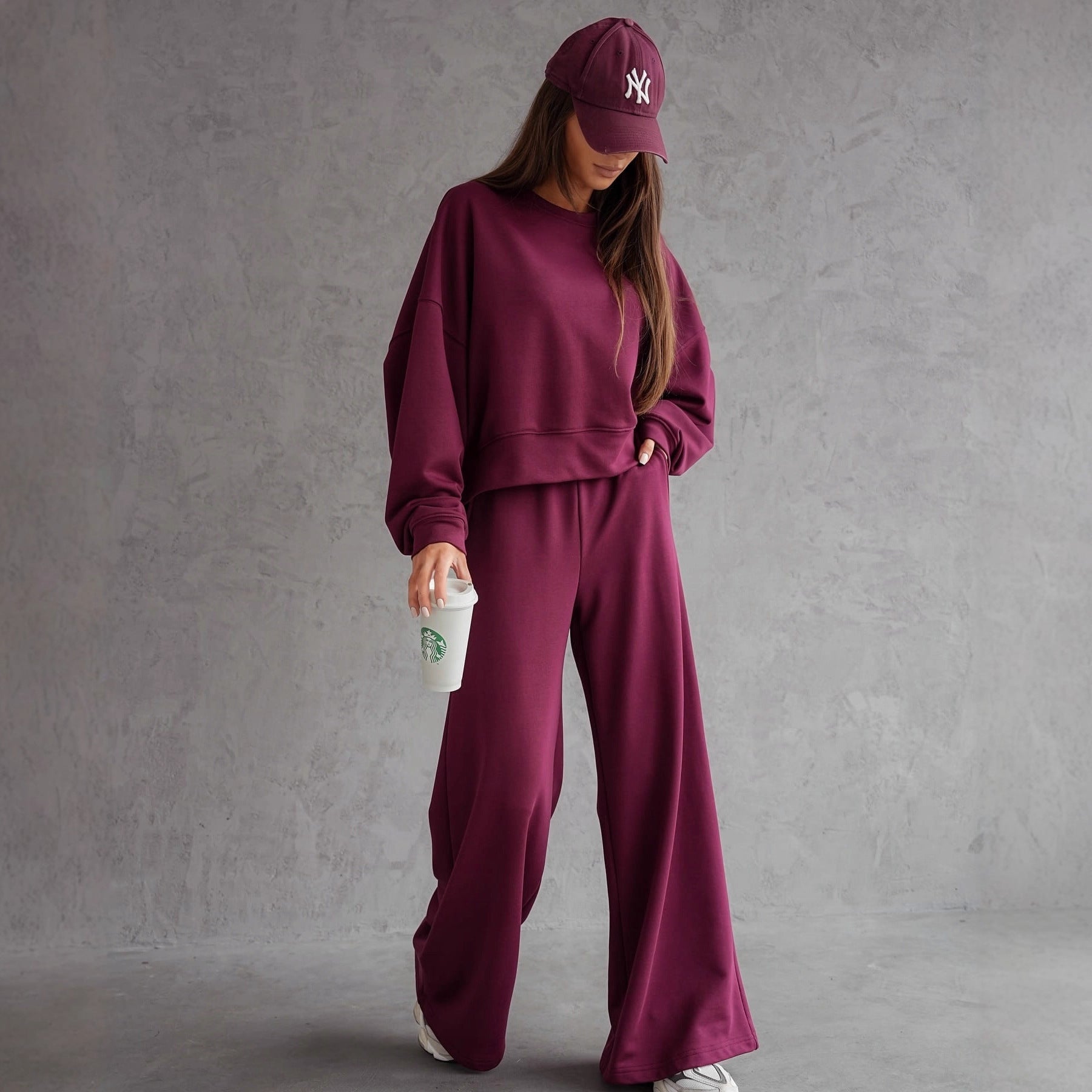 Autumn And Winter Round Neck Long Sleeve Wide Leg Pants back view