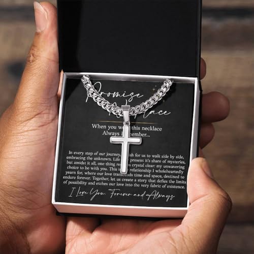 Meaningful To My Man Promise Cross Necklace, Stylish Cuban Link Chain for Him, Sentimental Jewelry Gift from Girlfriend or Wife, Perfect for Birthday, Anniversary, Valentine Celebrations Gifts