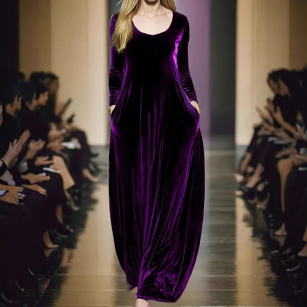Autumn And Winter Gold Velvet Long Dress Round Neck