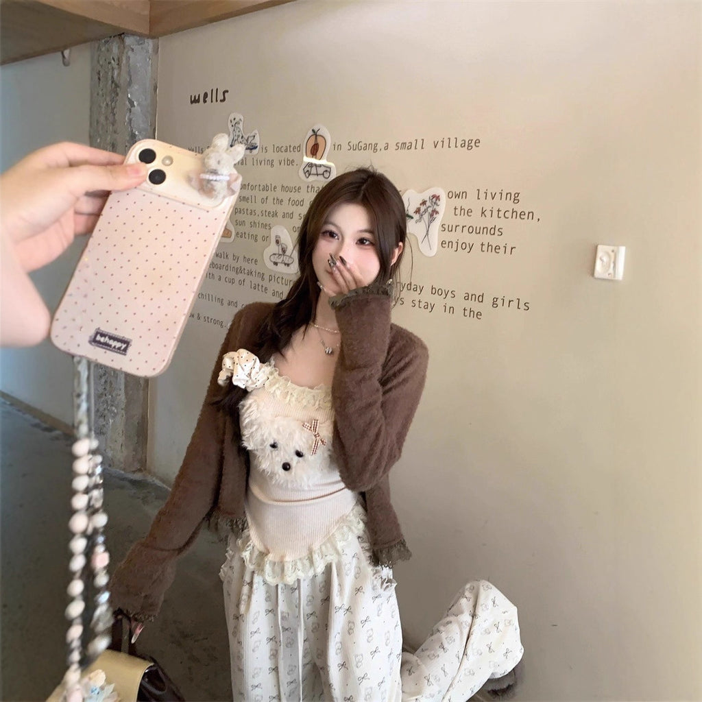 Bear Suspenders Coffee Color Cardigan Bow Pants Suit