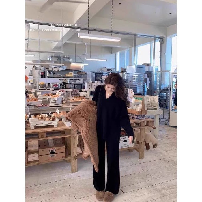Autumn And Winter Wool Suit Women's V-neck Knitted Wide-leg Pants Cashmere Sweater