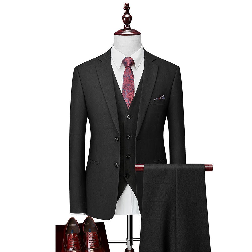 Men's Business Casual Plaid Slim Fit Suit Three-piece Suit full set