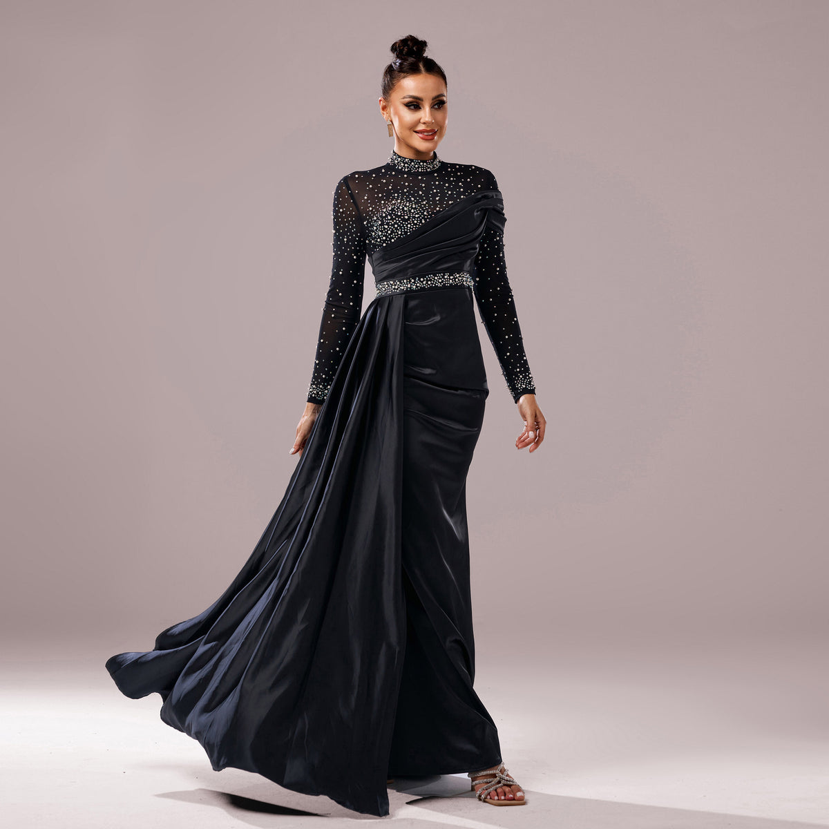 Long Sleeve Slim-fit Sheath Pearl Banquet Fishtail Evening Dress