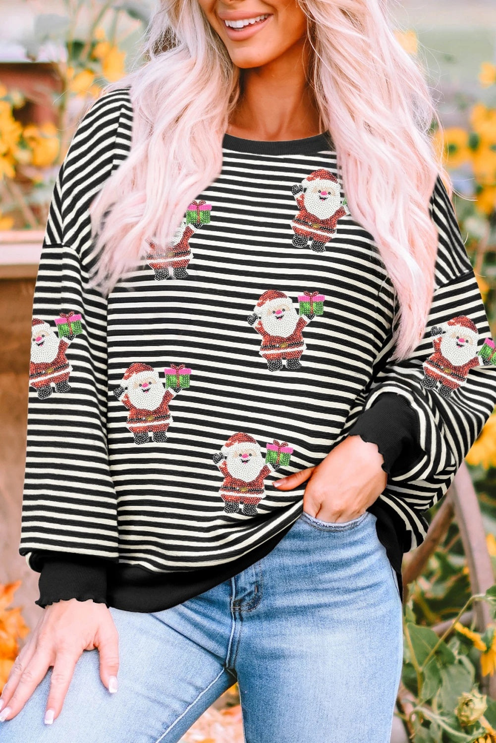 Striped Santa Claus Sequined Sweater For Women