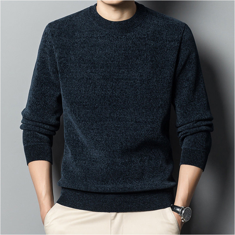 Fleece-lined Keep Warm Pure Color Men's Sweater in a dark color with a comfortable fit.