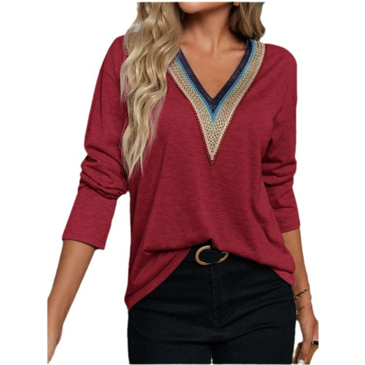 Autumn And Winter Lace Spliced V-neck Loose Long Sleeve