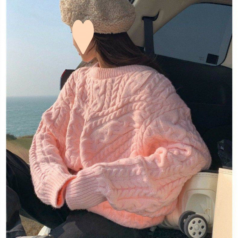 Autumn And Winter Lazy Style Loose Solid Color Twist Round Neck Sweater