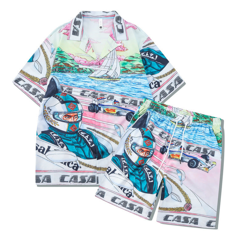 Beach Men And Women Short Sleeve Shirt Outfit front view