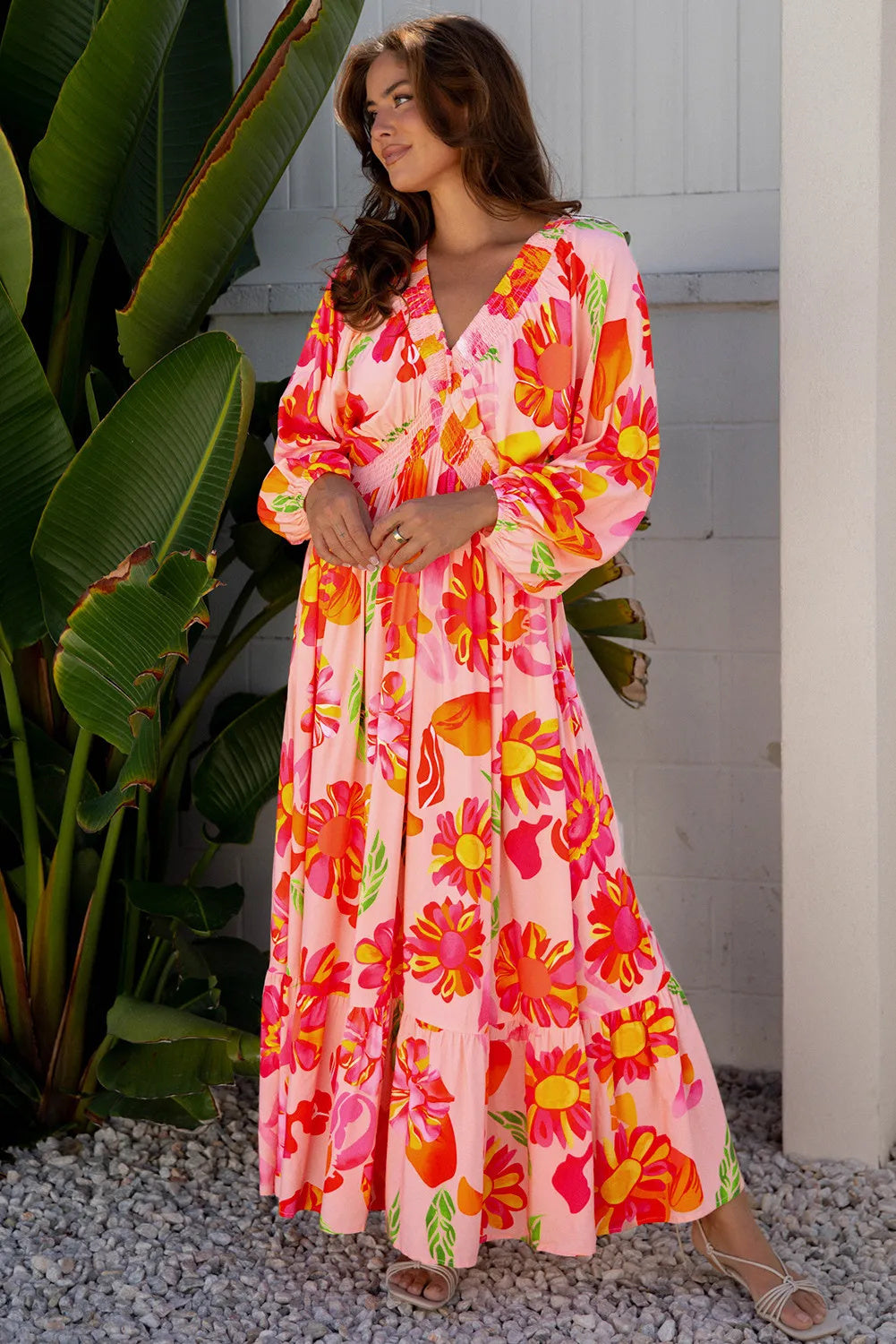 Beige Floral Print Smocked Detail V Neck Puff Sleeve Flowy Maxi Dress