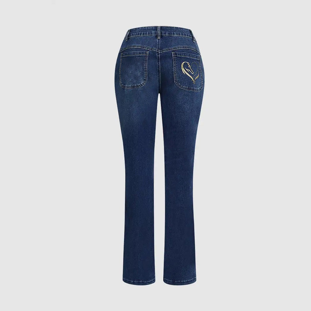 Gold Embroidered Horse Flare Jeans High-Waisted Dark Wash, Retro Western Cowgirl Chic, Festival Ready Must-Have Denim Pants