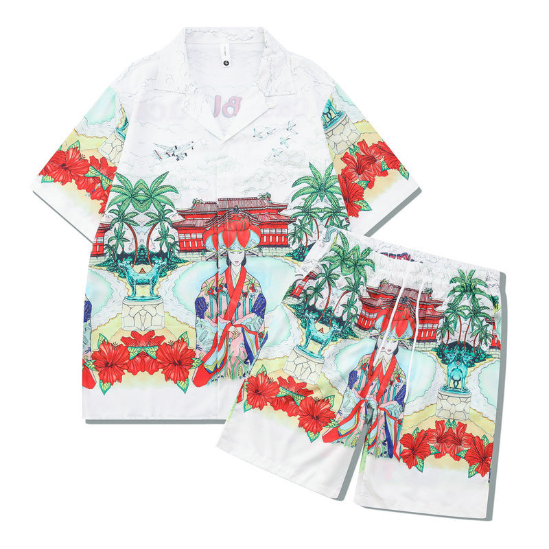 Beach Men And Women Short Sleeve Shirt Outfit back view