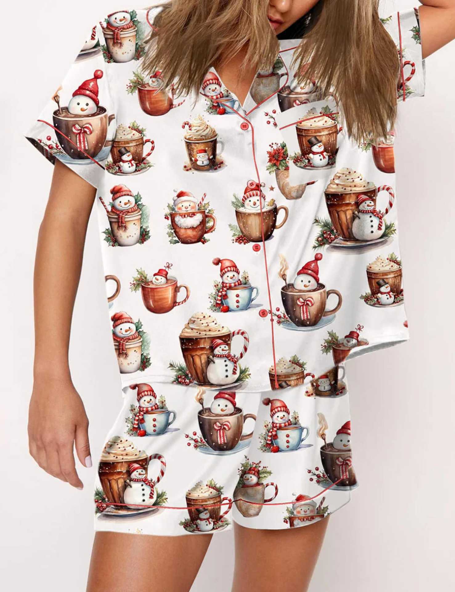 Autumn Christmas Digital Printing Lapel Short Casual Women Top Front View