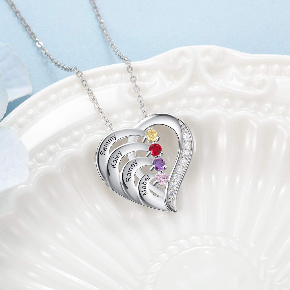 GLAMCARAT Personalized mothers necklace with birthstones names sterling silver jewelry for women customized engraved necklace (4 stones & names)