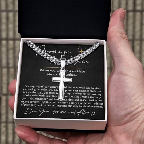 Meaningful To My Man Promise Cross Necklace, Stylish Cuban Link Chain for Him, Sentimental Jewelry Gift from Girlfriend or Wife, Perfect for Birthday, Anniversary, Valentine Celebrations Gifts
