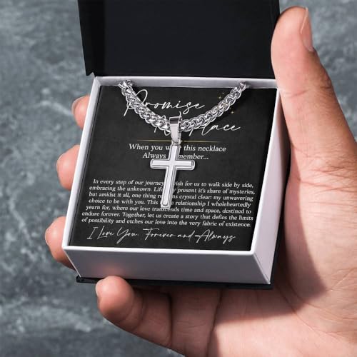 Meaningful To My Man Promise Cross Necklace, Stylish Cuban Link Chain for Him, Sentimental Jewelry Gift from Girlfriend or Wife, Perfect for Birthday, Anniversary, Valentine Celebrations Gifts