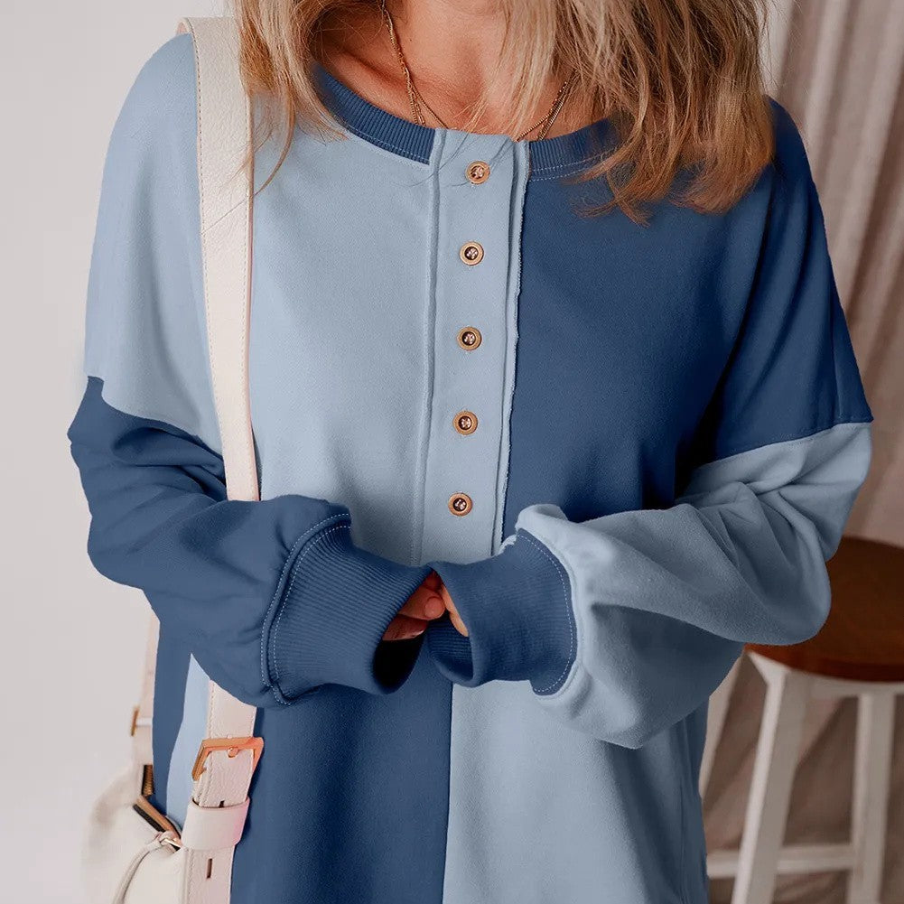 Beau Blue Colorblock Henley High Low Oversize Sweatshirt