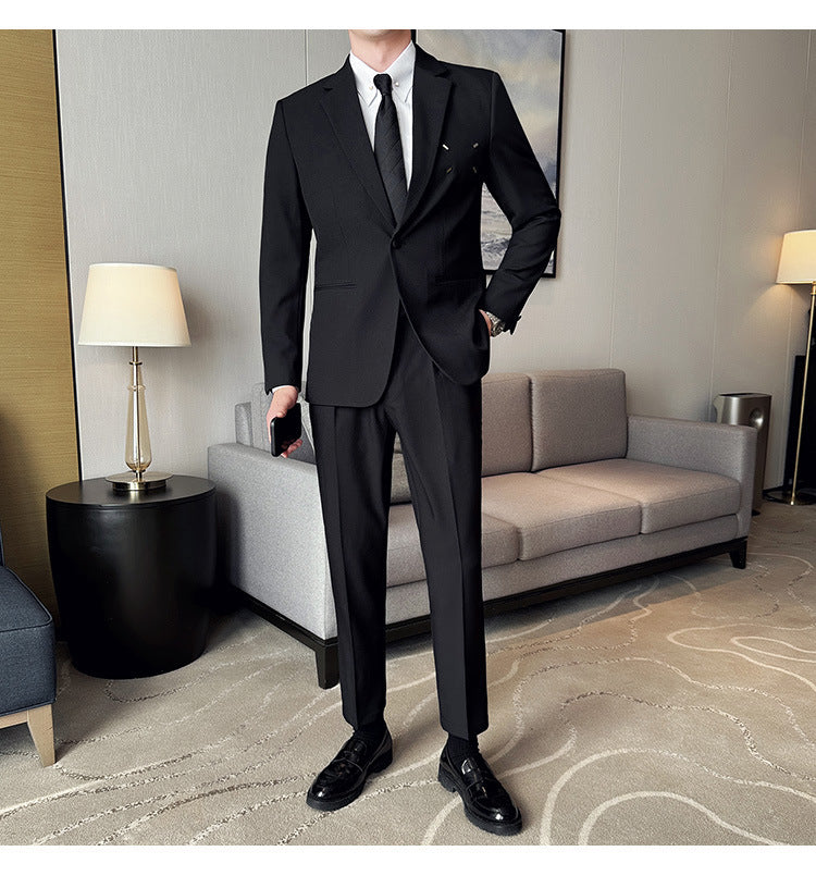 Slim-fit Thin One Button Casual Suit Jacket Men's worn by a man in a stylish setting with modern decor.