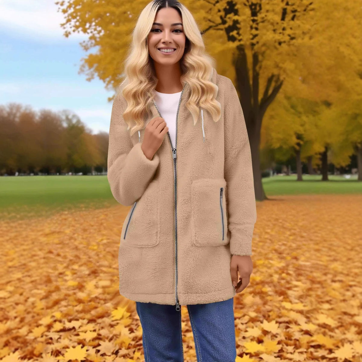 Fashion Autumn And Winter Zipper Pocket Lamb Wool Coat
