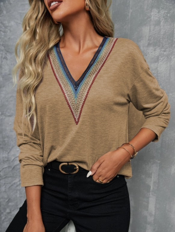 Autumn And Winter Lace Spliced V-neck Loose Long Sleeve