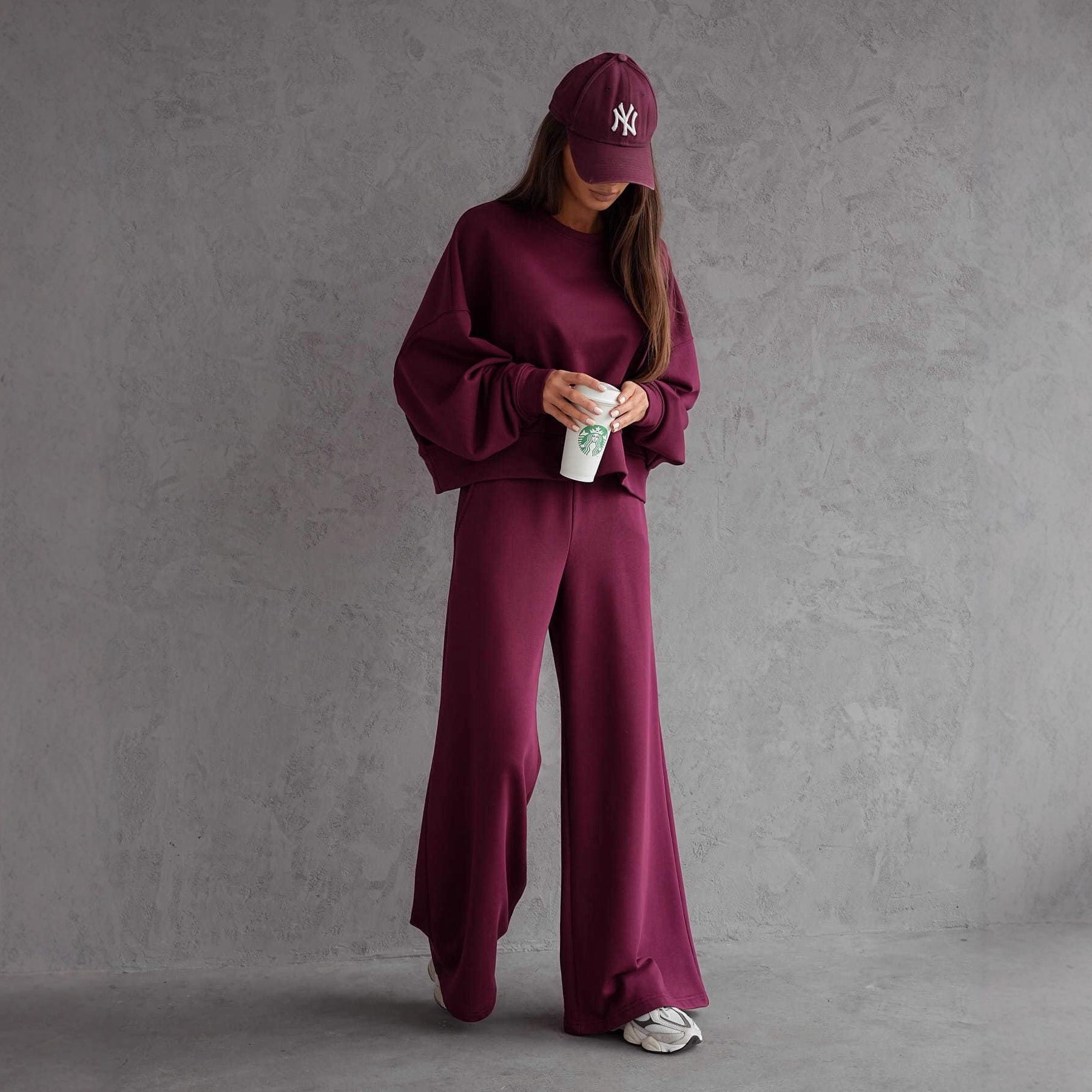 Autumn And Winter Round Neck Long Sleeve Wide Leg Pants back view