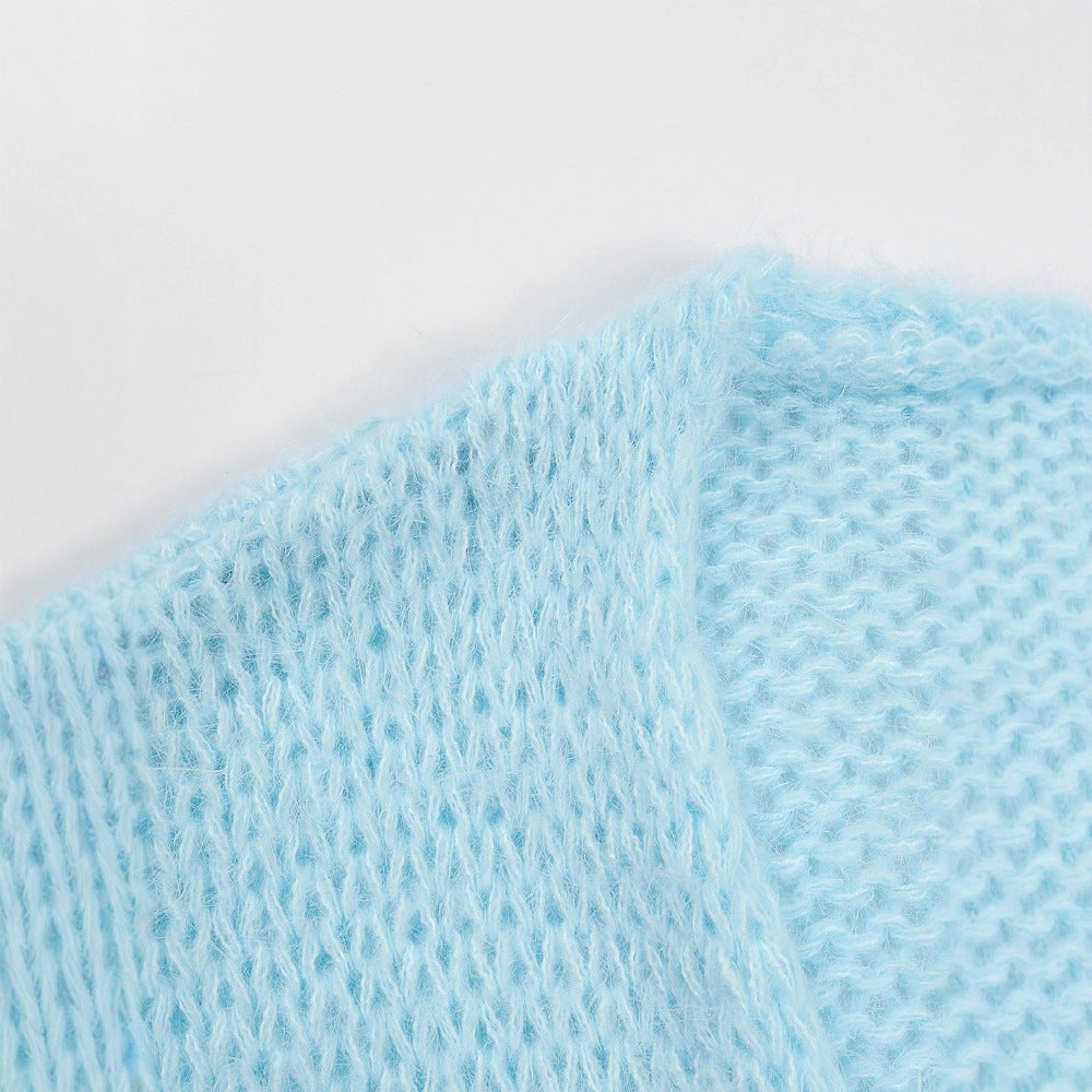 Blue Lantern Sleeve Knitted Cardigan For Women Autumn And Winter