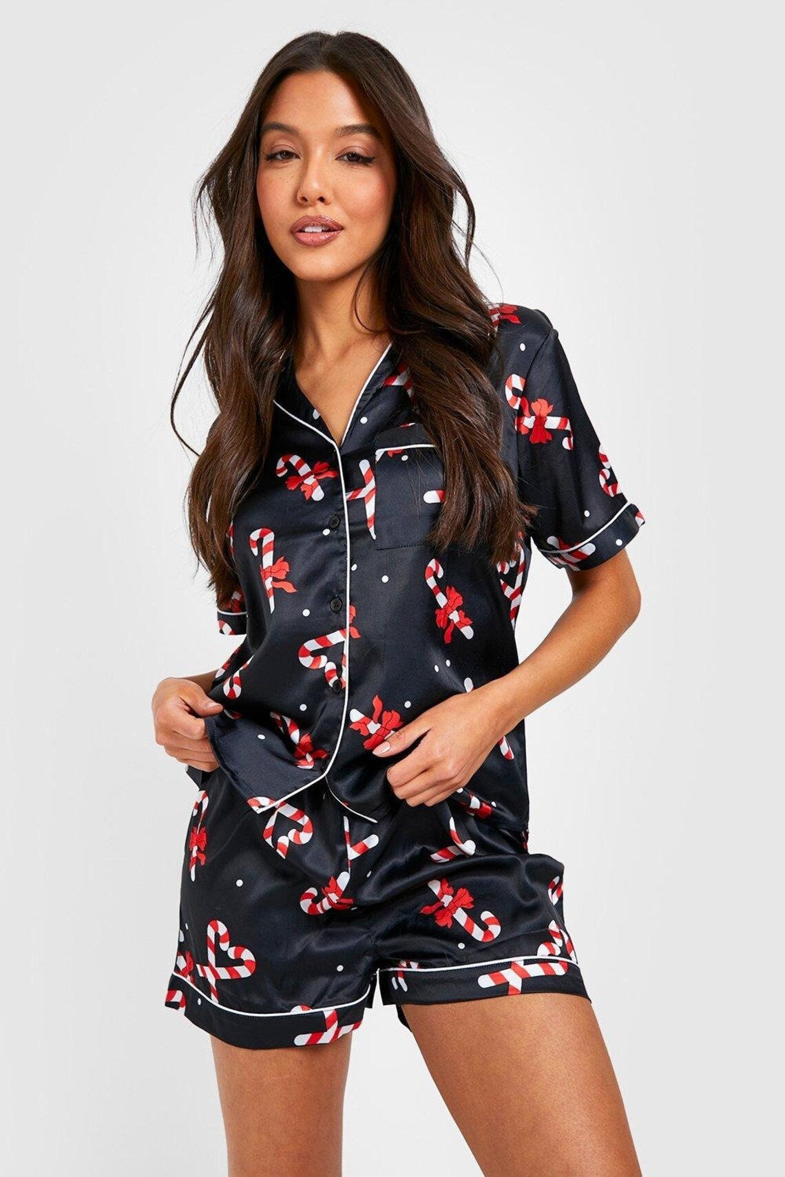 Autumn Christmas Digital Printing Lapel Short Casual Women Top Front View