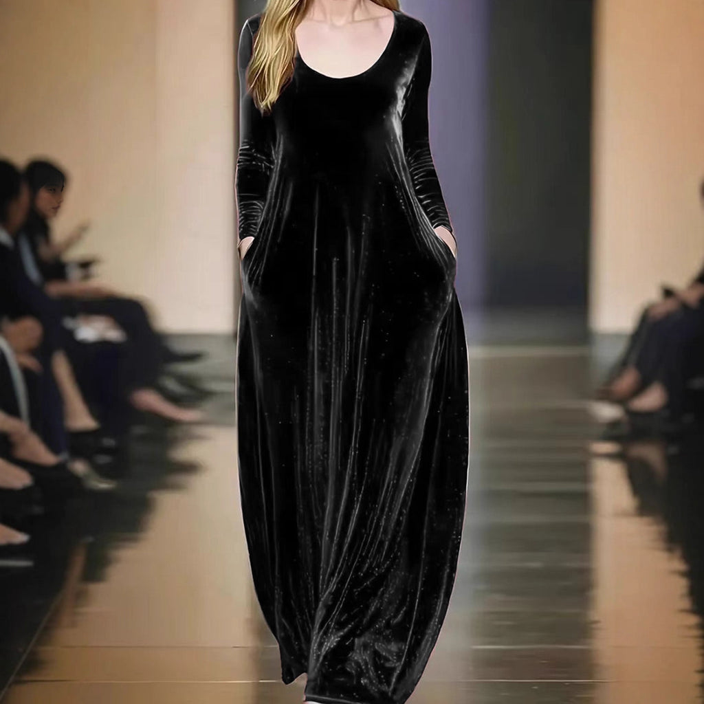 Autumn And Winter Gold Velvet Long Dress Round Neck