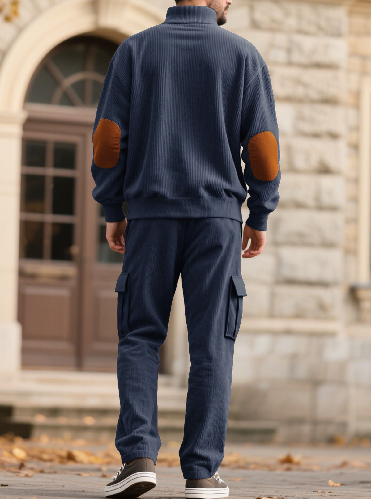 Corduroy Sweatshirt And Sweatpants Stand Collar Access Front View