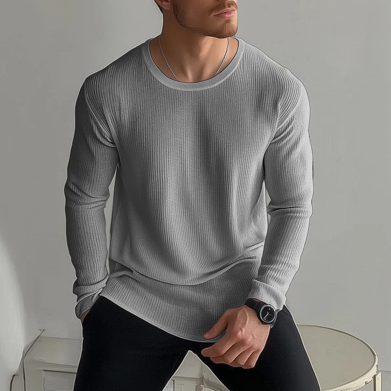 Men’s Waffle Knit Long Sleeve Solid Color Casual T-Shirt