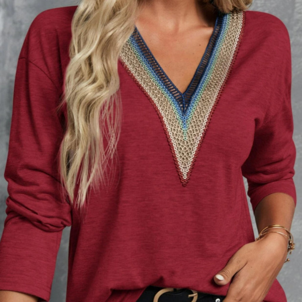 Autumn And Winter Lace Spliced V-neck Loose Long Sleeve