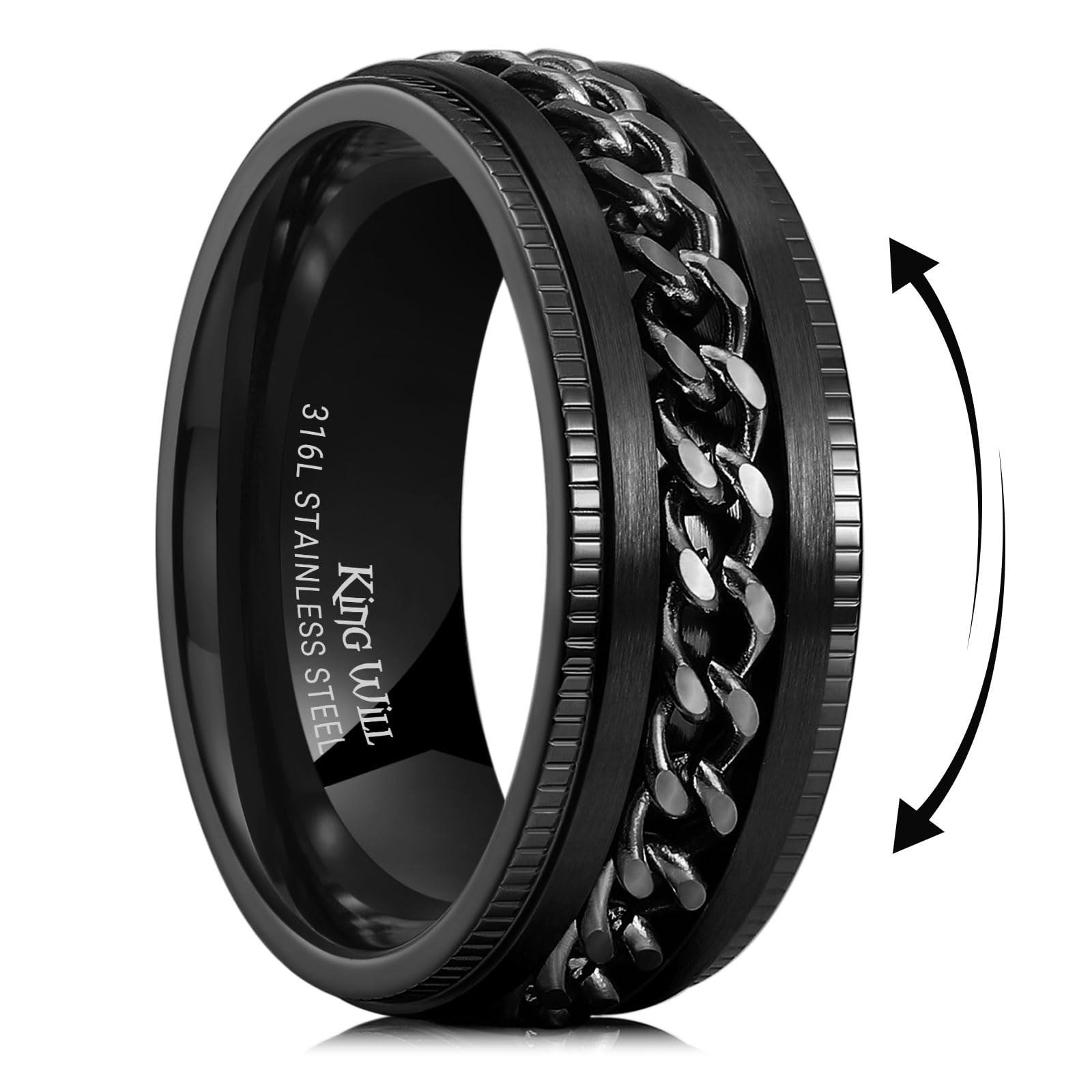 King Will 316L Stainless Steel Fidget Ring for Men Women-8mm Width Black Chain Spinner Ring, Durable Wedding Band with Stress Relief Comfort Fit Fidget Spinner Men's Jewelry Size 10