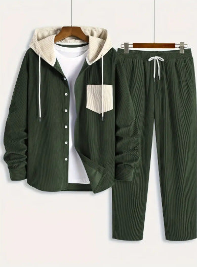 Men's Waffle Hooded Hoodie Trendy Two-piece Suit back view