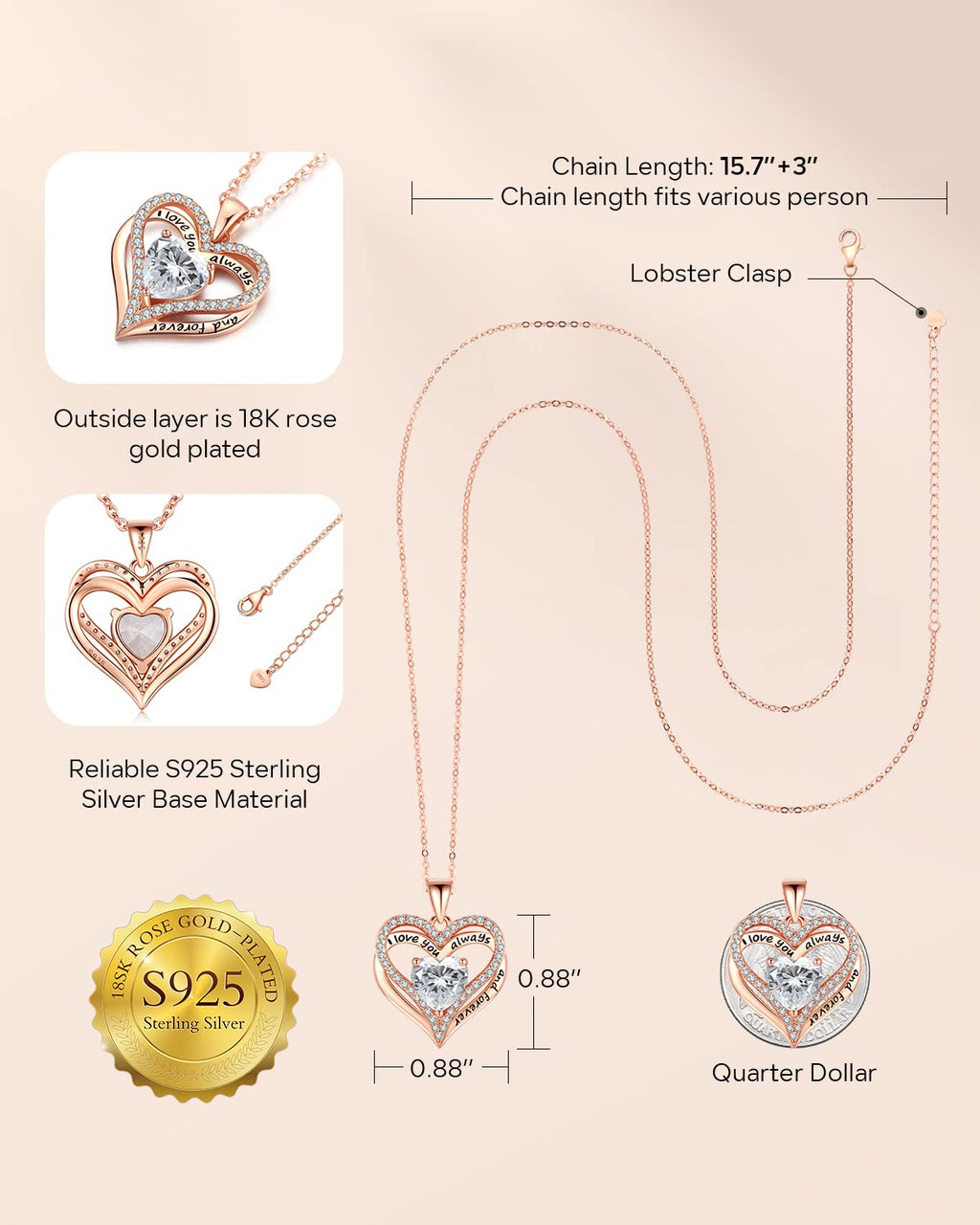 S925 Sterling Silver Necklace for Women, Jewelry for Wife Girlfriend Anniversary, Mother Gifts Necklaces, Daughter Heart Love Jewel, Gift for Her Birthday, Apr