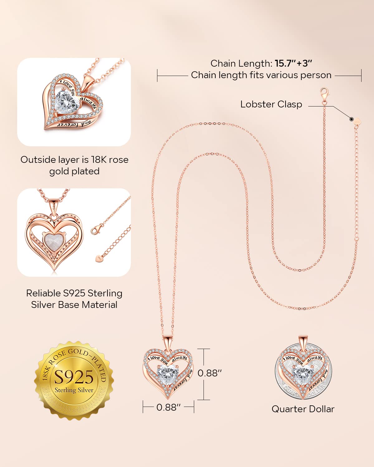 S925 Sterling Silver Necklace for Women, Jewelry for Wife Girlfriend Anniversary, Mother Gifts Necklaces, Daughter Heart Love Jewel, Gift for Her Birthday, Apr