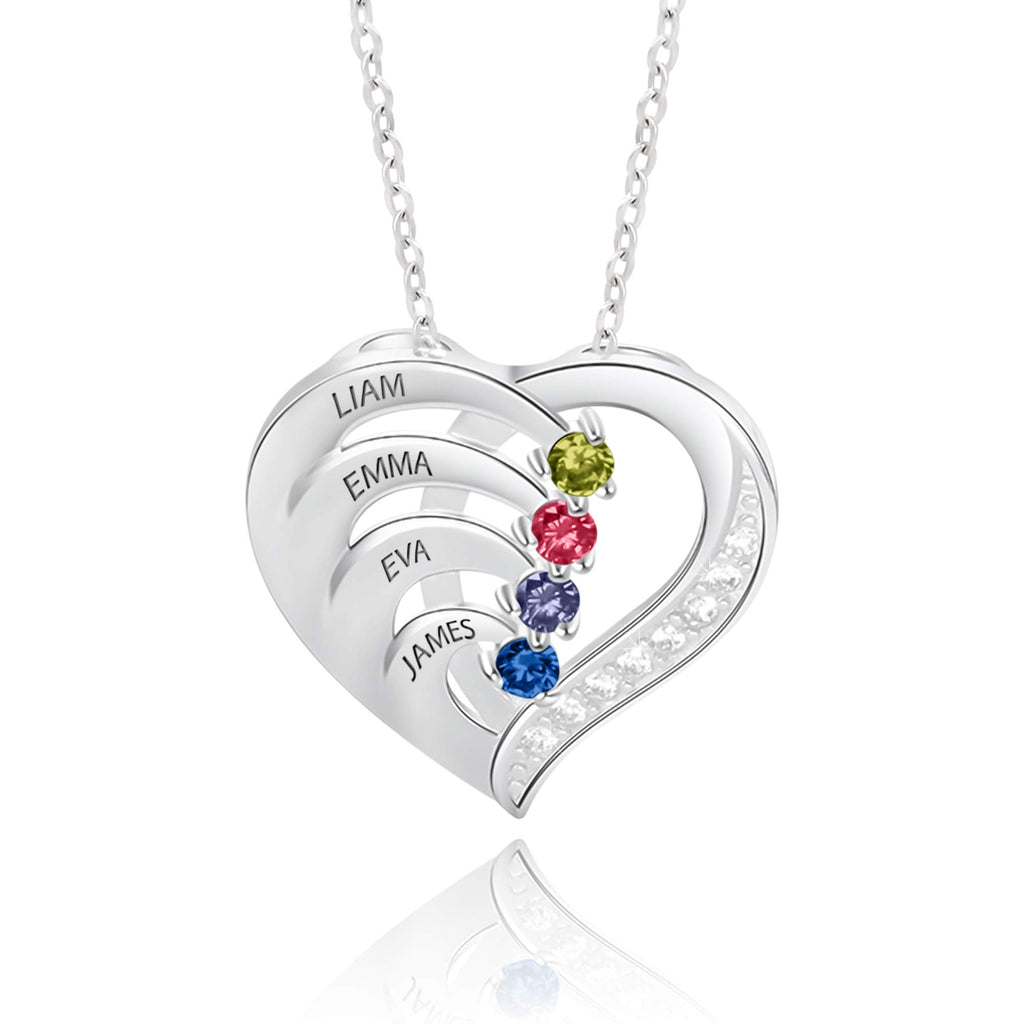 GLAMCARAT Personalized mothers necklace with birthstones names sterling silver jewelry for women customized engraved necklace (4 stones & names)
