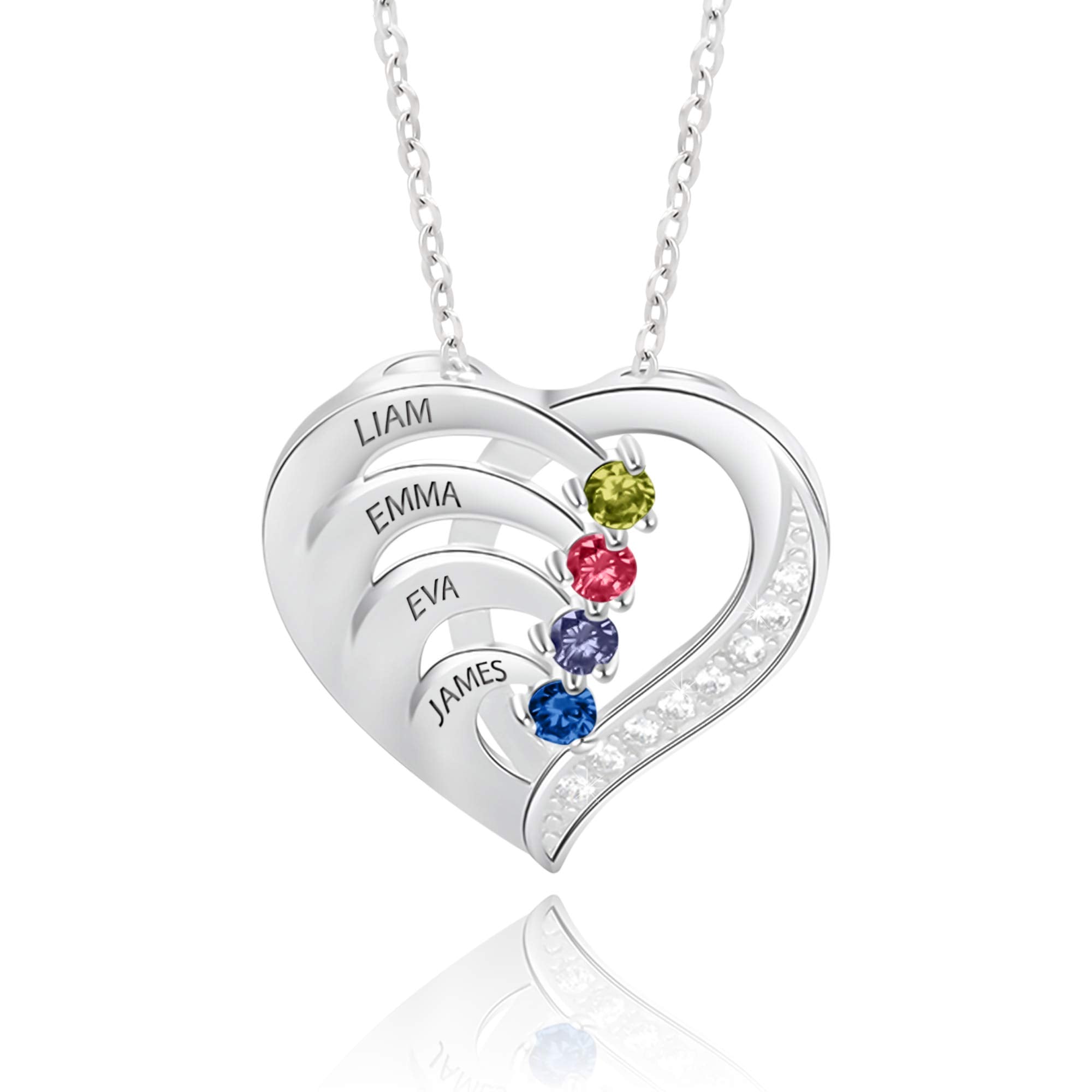 GLAMCARAT Personalized mothers necklace with birthstones names sterling silver jewelry for women customized engraved necklace (4 stones & names)