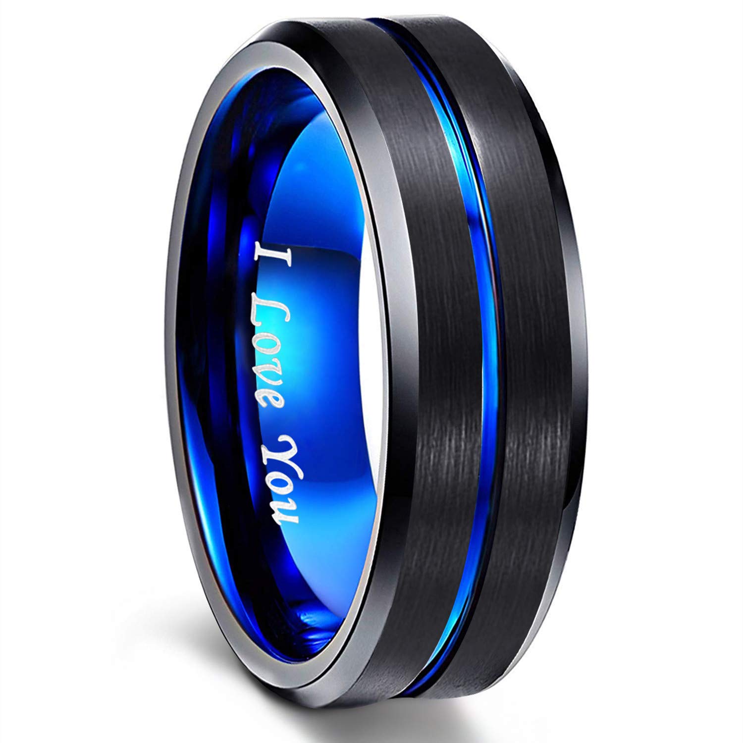 Greenpod 8mm Mens Black Tungsten Ring with Thin Blue Groove Beveled Edge Engraved I Love You Comfort Fit Size 10