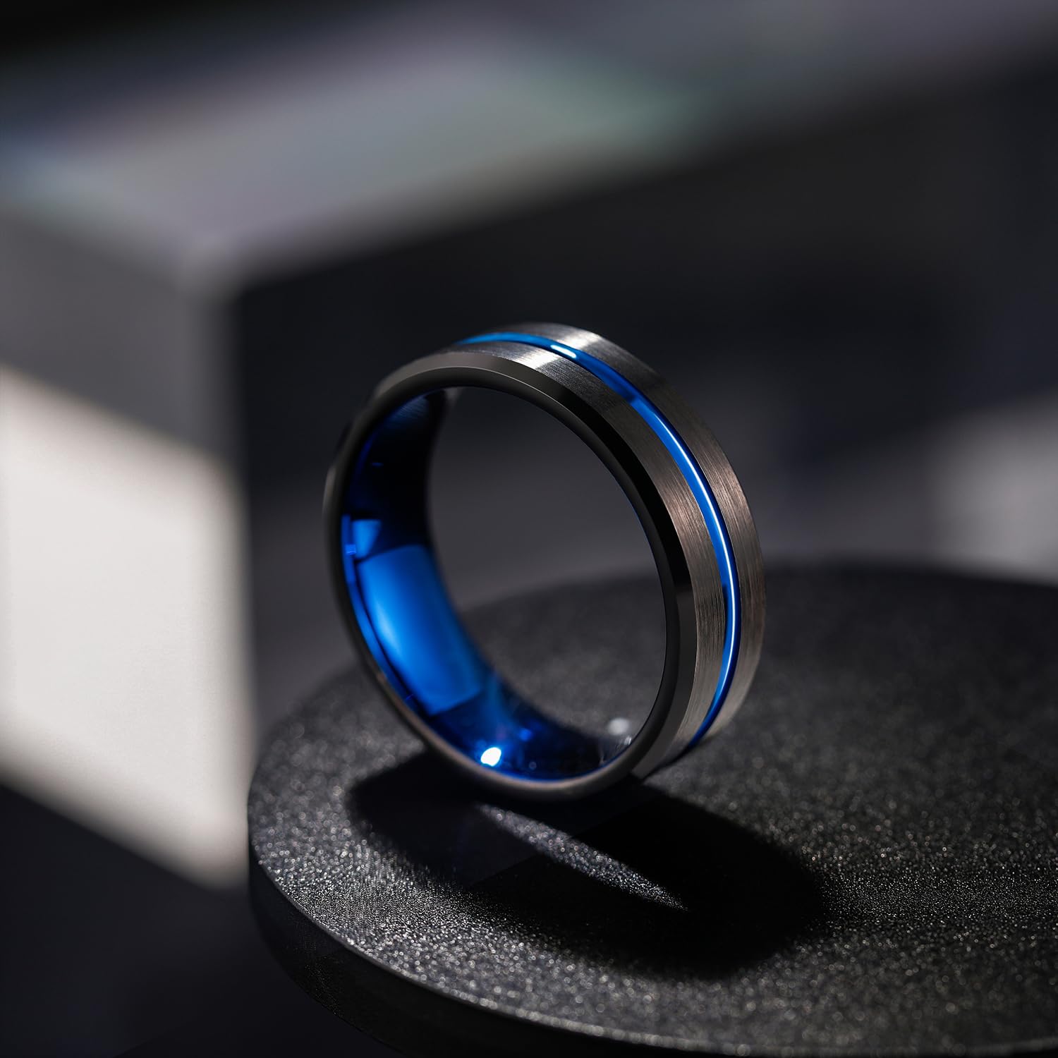Greenpod 8mm Mens Black Tungsten Ring with Thin Blue Groove Beveled Edge Engraved I Love You Comfort Fit Size 10
