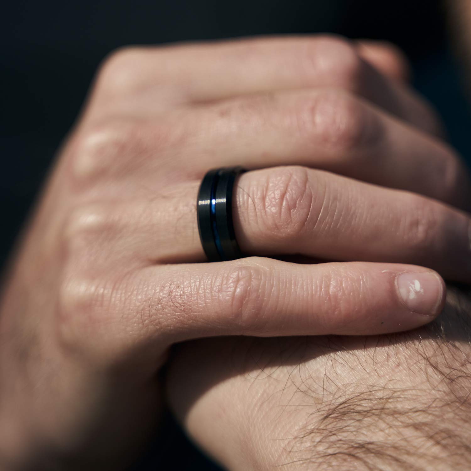 Greenpod 8mm Mens Black Tungsten Ring with Thin Blue Groove Beveled Edge Engraved I Love You Comfort Fit Size 10