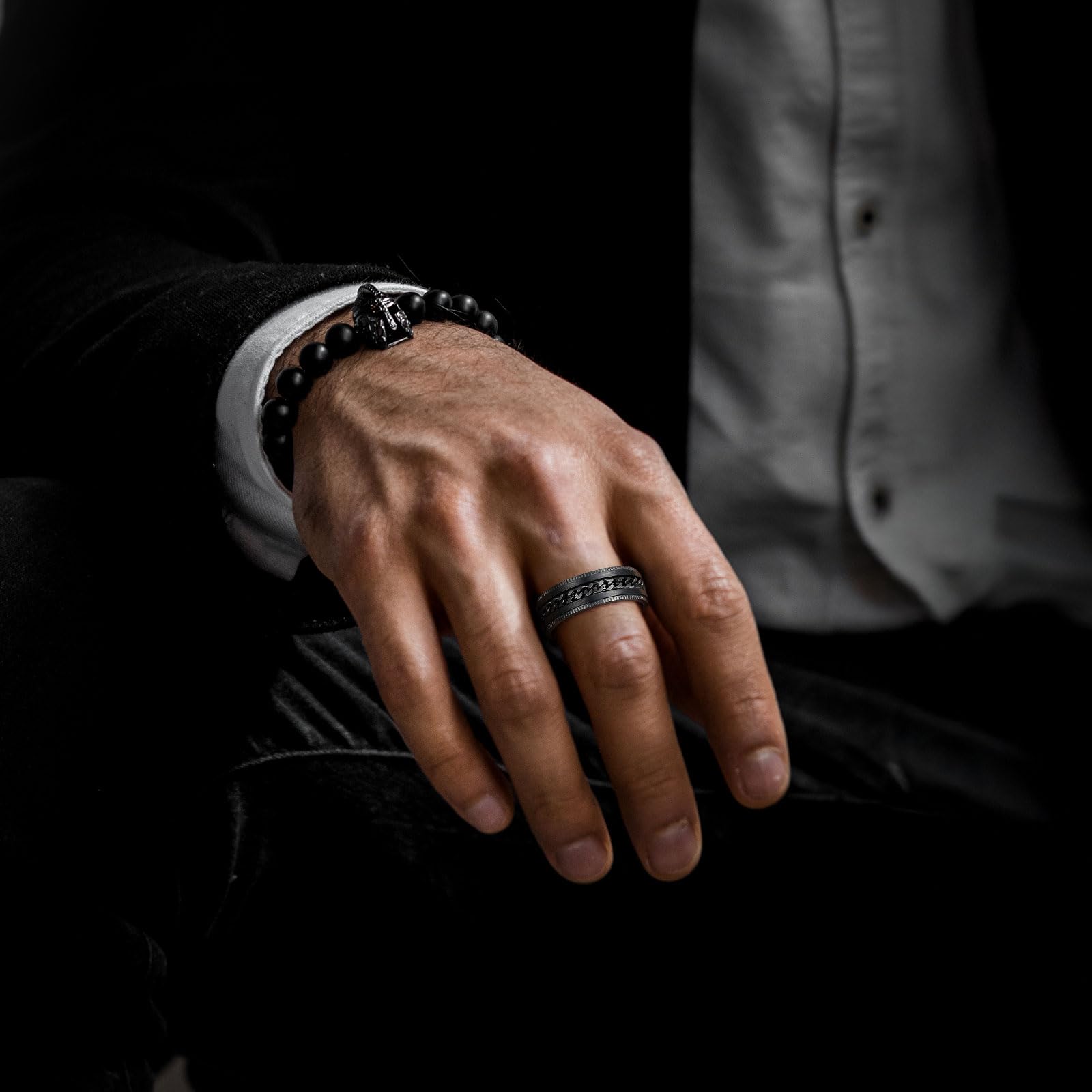 King Will 316L Stainless Steel Fidget Ring for Men Women-8mm Width Black Chain Spinner Ring, Durable Wedding Band with Stress Relief Comfort Fit Fidget Spinner Men's Jewelry Size 10