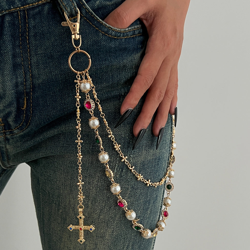 Punk Hip Hop Style Diamond Cross Phants Zipper Creative Color Waist Decorations