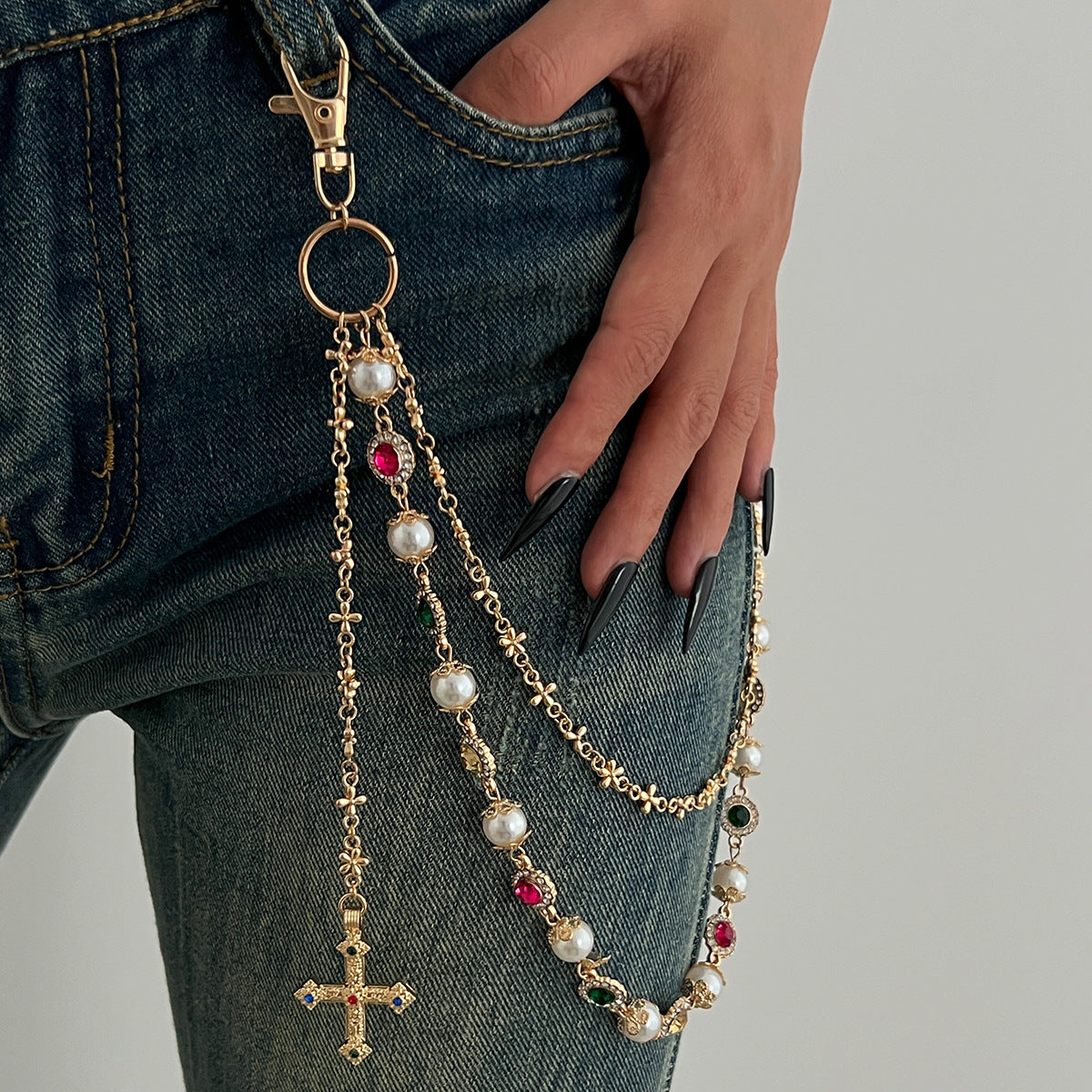Punk Hip Hop Style Diamond Cross Phants Zipper Creative Color Waist Decorations